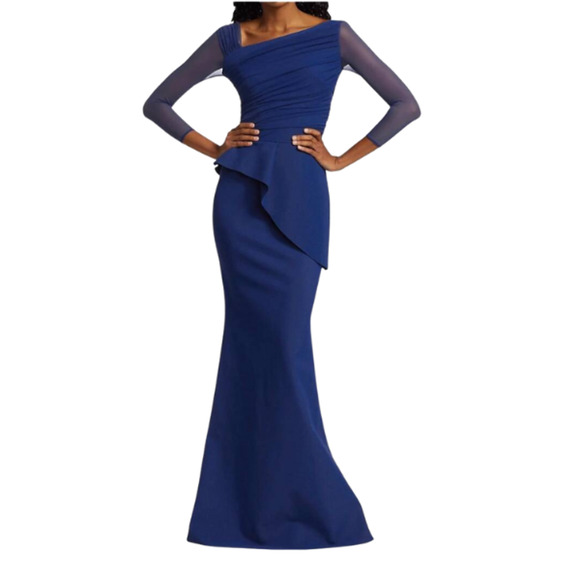 Chiara Boni La Petite Robe Rippy Illusion Gown 3/4 Sleeves in Dark Royal Size 40 - Picture 1 of 16